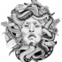 Grey-ink stoned medusa gorgona face tattoo design
