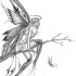 Grey-ink weariful fairy sitting on tree branch tattoo design
