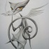 Grey-ink winged origami cat smoking a sigarette tattoo design