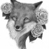 Grey-pencil fox portrait with roses tattoo design by Lisa Donovan