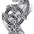 Grey cartoon dragon and celtic cross tattoo design