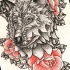 Grey dotwork wolf and red roses tattoo design
