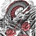 Grey dragon and bright red roses swimming in water tattoo design