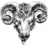 Grey mad-eyed ram head with curled forelock tattoo design