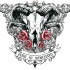 Grey ram skull with red roses and banner tattoo design
