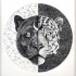 Half-panther head with moon sign on geometric background tattoo design