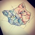 Half-red half-blue geometric cat muzzle tattoo design