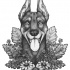 Happy grey-ink doberman head looking out of herbs tattoo design