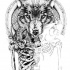 Horrible angry wolf with illuminati and human skeleton tattoo design