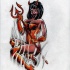 Garota de diabo quente em chamas, mantendo um projeto de tatuagem trident