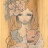 Indifferent golden-haired girl keeping pig baby in hands tattoo design