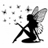 Kind blak-ink sitting fairy silhouette and flying butterfly flock tattoo design