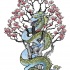 Kind coloured dragon curled around flowered cherry tree tattoo design