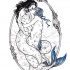 Kissing mermaid lovers in oval frame tattoo design