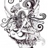 Little fairy sitting among huge mushrooms tattoo design