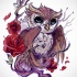 Lovely animated owl and red roses tattoo design