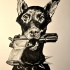 Lovely black doberman keeping a gun in teeth tattoo design by Banhatin