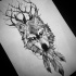 Mad empty-eyed horned wolf with feathers tattoo design