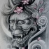Rosto de diabo de tinta cinza louco e desenho de tatuagem de flor de cerejeira concurso