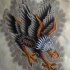 Marvelous old school eagle flying on grey cloud background tattoo design