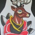 Multicolor old school deer looking out of rose bud tattoo design