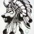 Native american green-eyed wolf in indian horned hat tattoo design