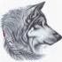 Native blue-eyed wolf portrait in profile with feathers tattoo design
