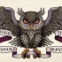 New school flying owl hanging quoted stripe tattoo design