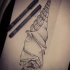 Nice dotwork reversed bat turning into shell tattoo design