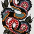 Old school spotted snake and black flower buds tattoo design