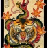 Old school tiger keeping long green snake in teeth tattoo design