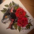 Orange-eyed panther and bright red roses tattoo design