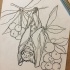 Outline bat hanging on branch with rape berries tattoo design