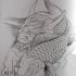 Cabeça de diabo de contorno e design de tatuagem de peixe koi de natação