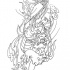 Outline foo dog hunting in fire tattoo design