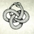 Pencil-drawn snake curled into mystic sign tattoo design