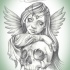 Menina de anjo de lápis com um desenho de tatuagem de caveira