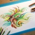 Pencilwork horned animal with green swirly background tattoo design