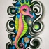 Pink-and-green seahorse punk in black cloudy smoke tattoo design