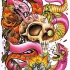 Pink snakes with big skull and flowers tattoo design