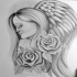 Retrato de anjo muito cinza-tinta no perfil com design de tatuagem de rosas