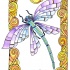 Purple-and-blue dragonfly flying in curled yellow frame tattoo design