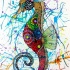 Rainbow floral-printed seahorse on watercolor splashes background tattoo design