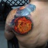 Realistic bright rose tattoo on shoulder