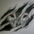 Realistic red-eyed wolf looking from scratch holes tattoo design