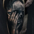 Realistic woman and skull mask tattoo on thigh3