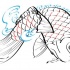 Red-and-black scale fish in outline blue water tattoo design