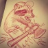 Red-ink forest animal with axe and skate tattoo design