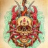 Red crab inside the skull on detailed background tattoo design