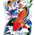 Red koi fish with blue flowers and maple leaves tattoo design